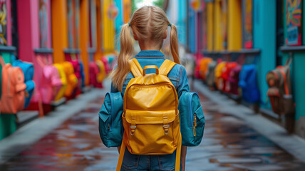 Obraz premium Back to school, girl walk with student backpacks to school