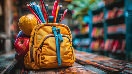 Fototapeta premium Back to school, yellow backpack with a bunch of pencils and apples on top of it. The backpack is placed on a table in a library