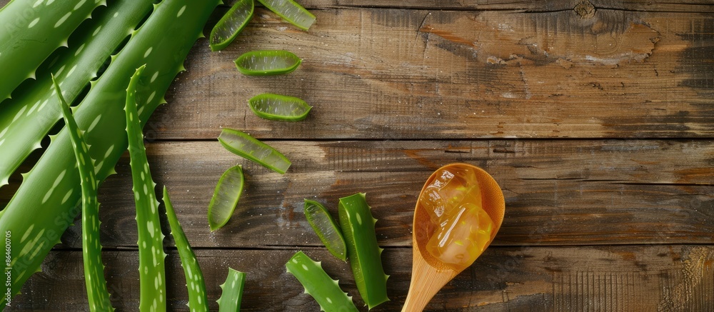 Poster A wooden spoon filled with aloe vera gel placed on a wooden table beside fresh aloe vera, creating a natural and serene copy space image.