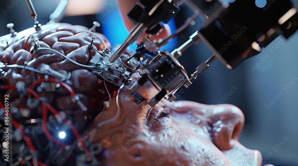 Poster close-up of a neural interface being attached to a brain, showcasing intricate design and precision 
