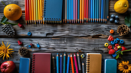Black to school,  table with a variety of colorful pencils, pens, and notebooks. table is surrounded by fruit