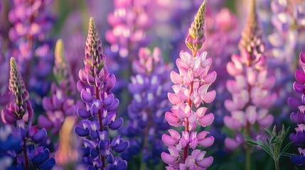 Obraz premium A field of lupines in various shades of purple and pink