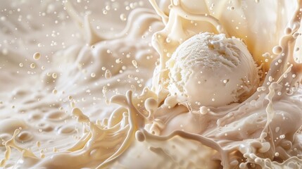 A scoop of vanilla ice cream splashed with vanilla, isolated on a plain background.