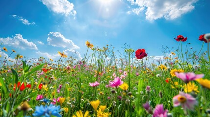 Naklejka premium A field of wildflowers under a clear blue sky
