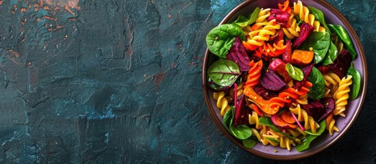 Fototapeta premium A top-down view of a colorful vegetarian pasta dish featuring beets, carrots, and spinach with a border design and room for text or graphics called copy space image.