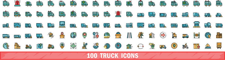 100 truck icons set. Color line set of truck vector icons thin line color flat on white