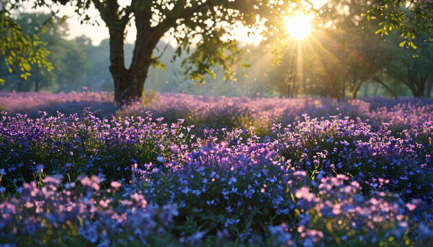 Champ de fleurs violac&eacute;es au lever du soleil