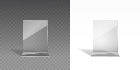 Stand or acrylic table tent, card holder isolated on transparent and white backgrounds. Vector empty flyer glass display. Plastic frame of photo, paper sheet mock up or restaurant menu