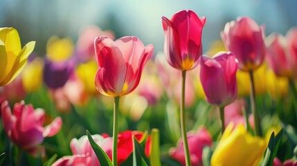 A garden of tulips in various colors swaying in the spring breeze