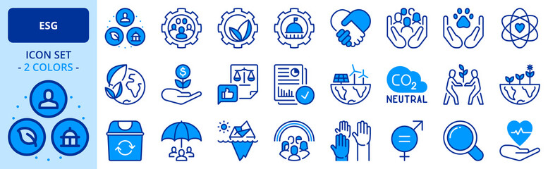 Icons in two colors about Environmental Social Governance.