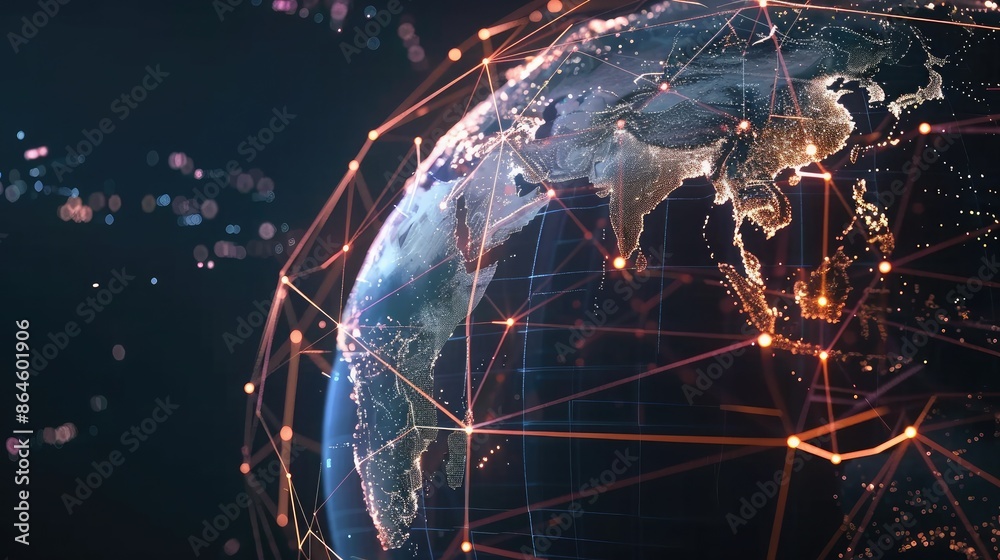 Poster a globe with interconnected lines and nodes symbolizing global connectivity