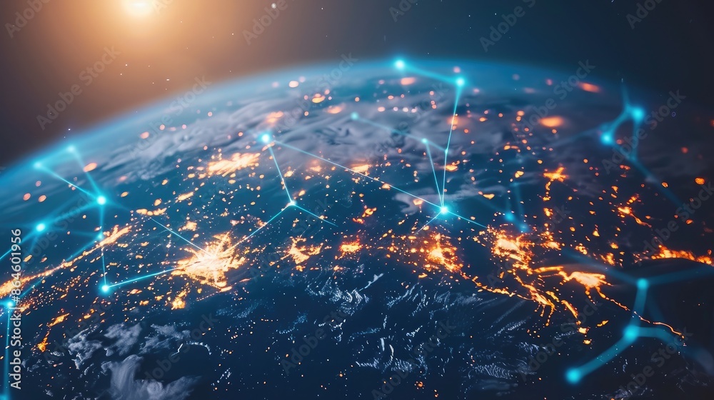 Poster a globe with interconnected lines and nodes symbolizing global connectivity