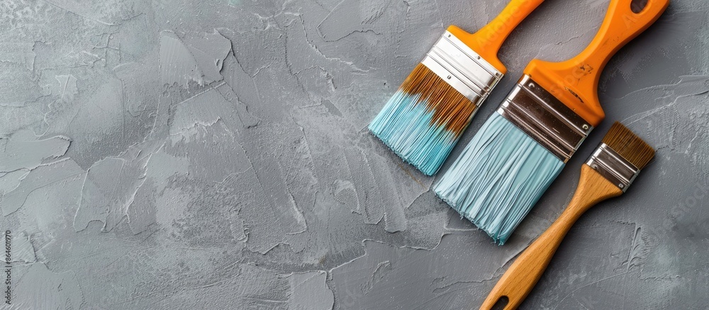 Poster home improvement concept with paintbrush and tools. flat lay view with empty space for text or image