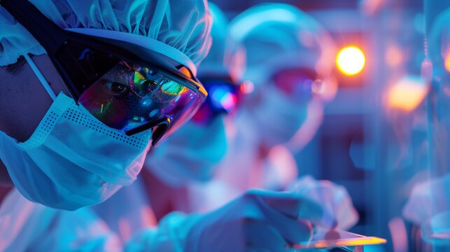 Researchers in a cleanroom inspect a new semiconductor wafer, bright lights reflecting off their goggles.