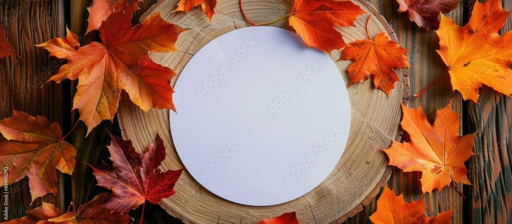 Poster top view on a wooden table displaying vibrant autumn leaves next to a blank round paper, perfect as 