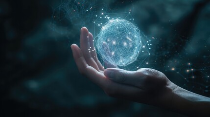 A hand holding a digital network hologram representing global connectivity and communication