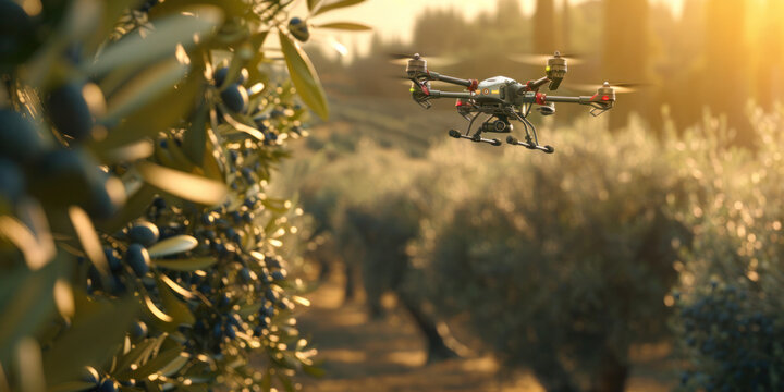 Drone checking and observing olive trees, Smart technologies in agriculture 