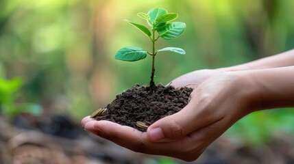 A hand holding a plant sprouting from a pile of coins representing financial growth and investment