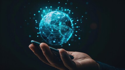 A hand holding a smartphone with a holographic globe representing global communication