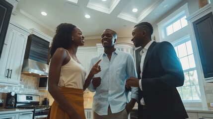 wo African American men and one woman engaging in a lively discussion in a modern kitchen, likely about real estate. a real estate agent giving a tour of a house to a young couple