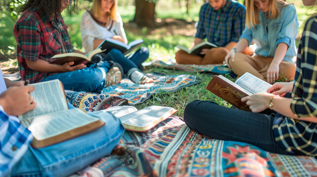 a detailed image of a Bible study group meeting outdoors, sitting on blankets with Bibles in hand, church, Studying, Group Of People, Community, Meeting, Bible, with copy space