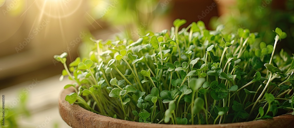 Sticker Close-up of arugula microgreens in a pot with selective focus on the young spring crop, ideal for a copy space image.