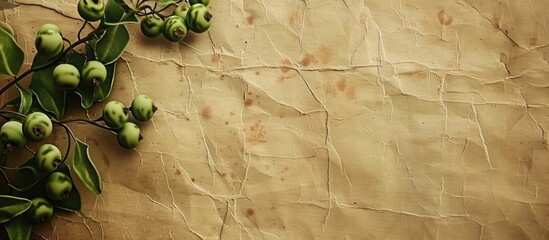 Square old paper background with a stylish texture, adorned with green Hypericum berries, ideal for a copy space image.