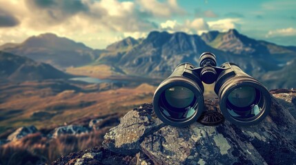 Fototapeta premium A pair of binoculars looking at a distant landscape representing vision and foresight