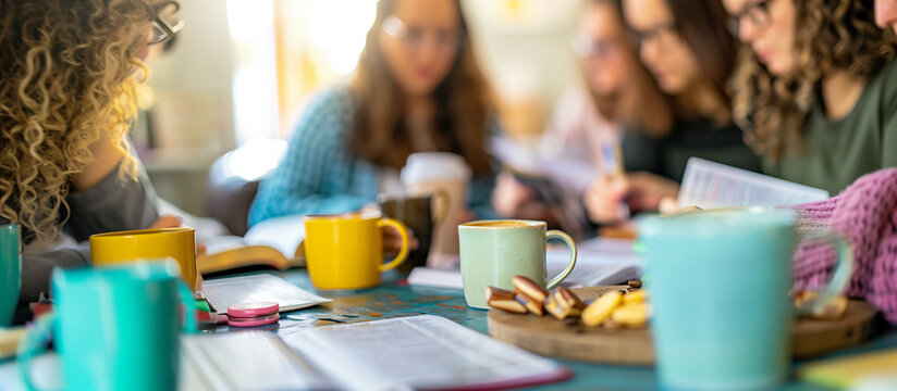a detailed image of a small group of women studying the Bible together in a home, with coffee cups and snacks on the table, church, Studying, Group Of People, Community, Meeting, B