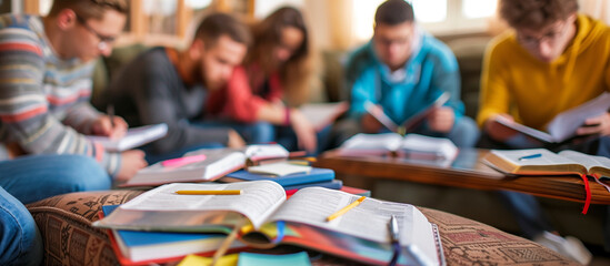 a close-up image of friends studying the Bible together in a home, with notes and Bibles spread out on a coffee table, church, Studying, Group Of People, Community, Meeting, Bible,