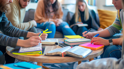 a detailed image of a group of people sitting around a coffee table with Bibles and highlighters, deeply engrossed in study, church, Studying, Group Of People, Community, Meeting,