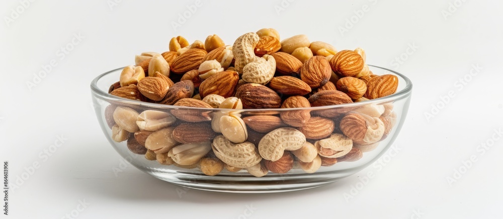 Poster a variety of peanuts and almonds in a glass bowl on a white background with room for text or other i