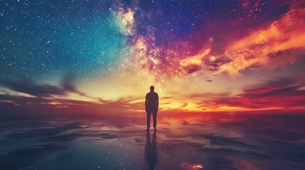 Fototapeta premium A person standing with their back to the camera, facing an open horizon, symbolizing limitless freedom