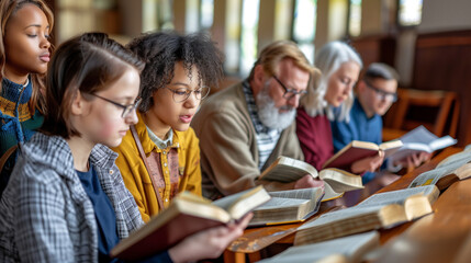 Obraz premium a of a mixed-age group studying the Bible in a church meeting room, with Bibles open and lively discussion, church, Studying, Group Of People, Community, Meeting, Bi