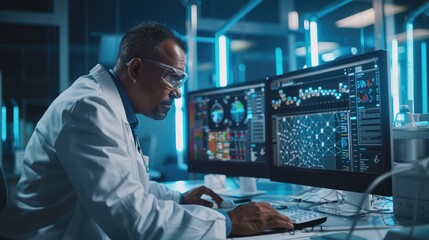 A scientist using a computer to analyze data with graphs and mathematical models