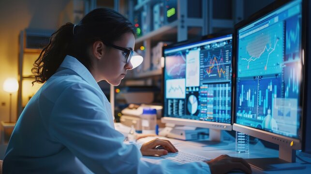 A scientist using a computer to analyze data with graphs and mathematical models