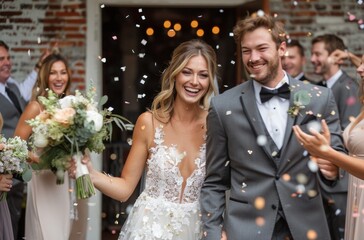 Bride and Groom Exit Church With Confetti Shower After Wedding Ceremony