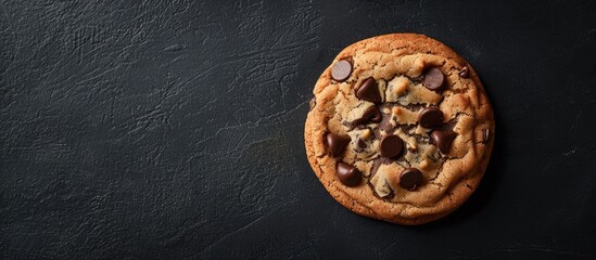 A single homemade chocolate chip cookie on a dark backdrop, offering a delectable treat or snack, a sweet dessert option featuring cookies with chocolate chips, set against a black background with