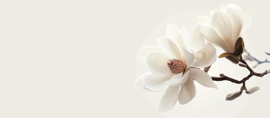 Fototapeta premium Enchanting white magnolia blossom against a clear background, ideal as a copy space image.