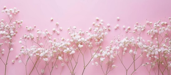 A pastel pink backdrop with delicate white gypsophila blooms, ideal for Women's Day, Mother's Day, Valentine's Day, or weddings. Top view with copy space image.