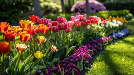 A vibrant bed of colorful tulips in a well-manicured garden