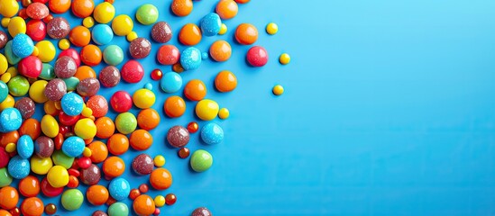 Colorful candy with plenty of room for text on a vibrant backdrop, seen from above, ideal for a copy space image.