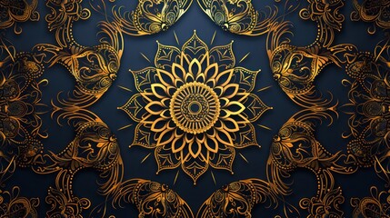 Intricate golden mandala on a dark background with ornate details.