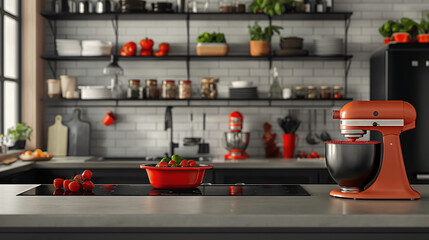 A modern kitchen counter with a red stand mixer, a bowl of fresh strawberries, and a black induction cooktop