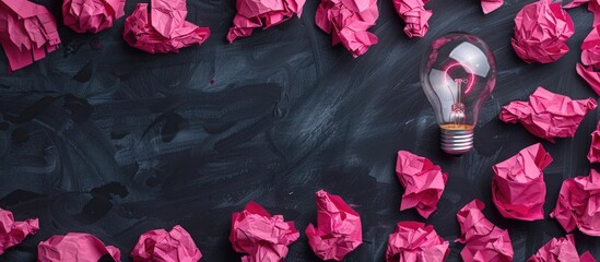 A light bulb sketch amidst crumpled pink paper on a blackboard symbolizes a successful solution to a problem, inspiring creative business motivation with a unique idea standing out within a sea of