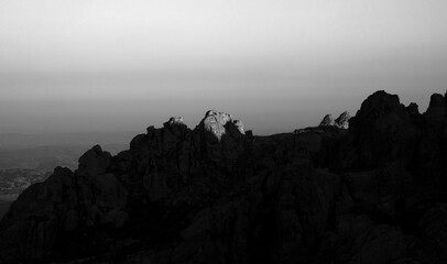 Black and white landscape. View of the rock massif The Giants in Cordoba, Argentina. Dramatic view...