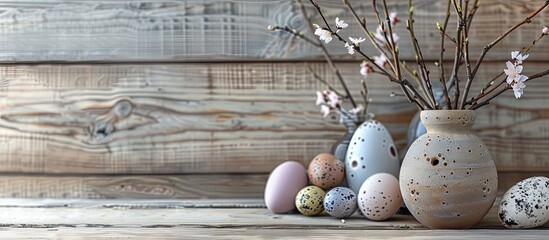 Obraz premium Easter-themed decorations include various eggs and a vase with branches on a wooden backdrop in the copy space image.