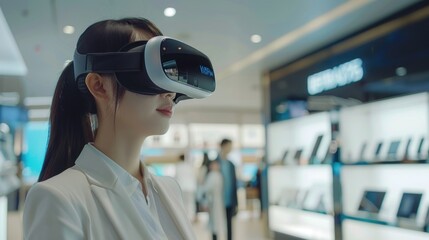 Asian female wearing virtual reality headset in a modern electronics store.
