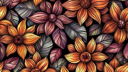 Vibrant floral pattern with intricate orange and purple flowers.