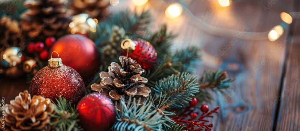 Poster A festive wreath with ornaments, pine cones, and copy space image.